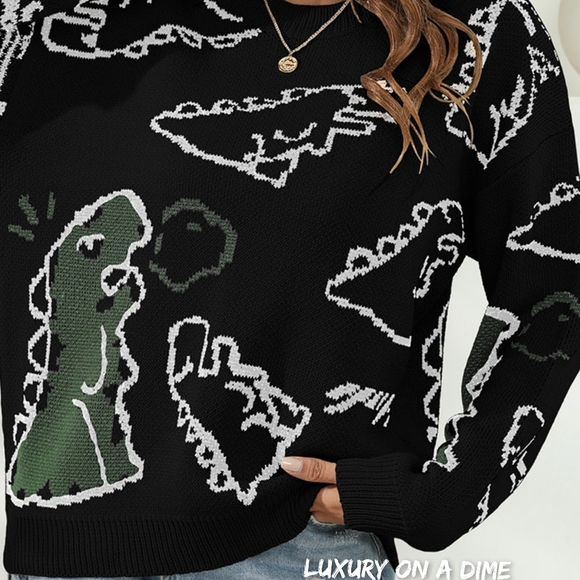 Knit Dinosaur Print Round Neck Long Sleeve Oversized Fun Pullover Sweater Shirt - Picture 4 of 9
